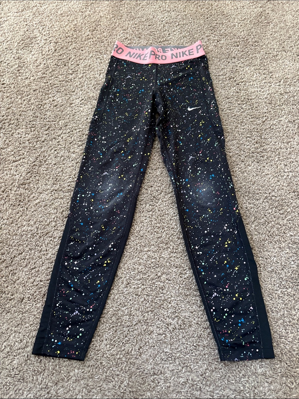 Nike Dri-Fit Black Splatter Leggings with Pink Logo Waistband